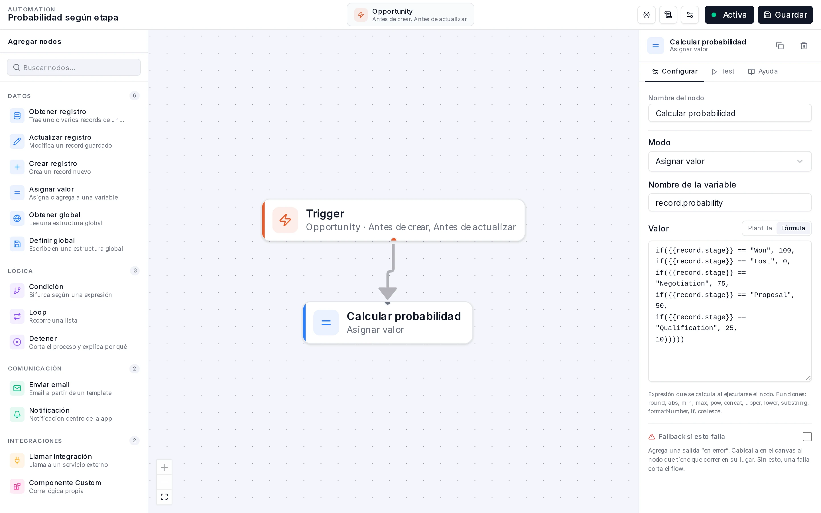 Inspector del nodo Calcular probabilidad: Modo Asignar valor, variable record.probability y Valor en modo Fórmula con los if anidados
