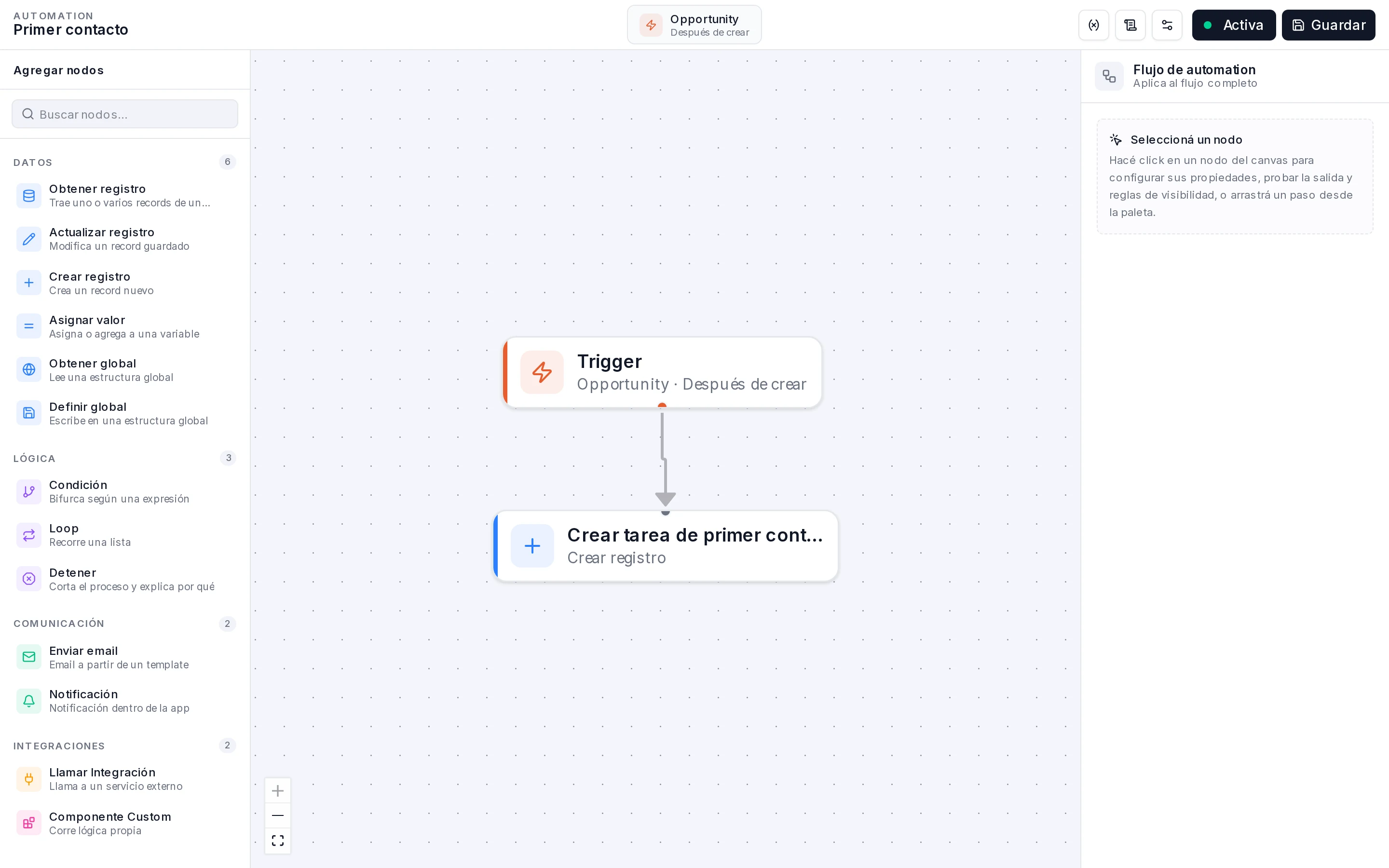 Canvas con la tarjeta Trigger conectada al nodo Crear tarea de primer contacto