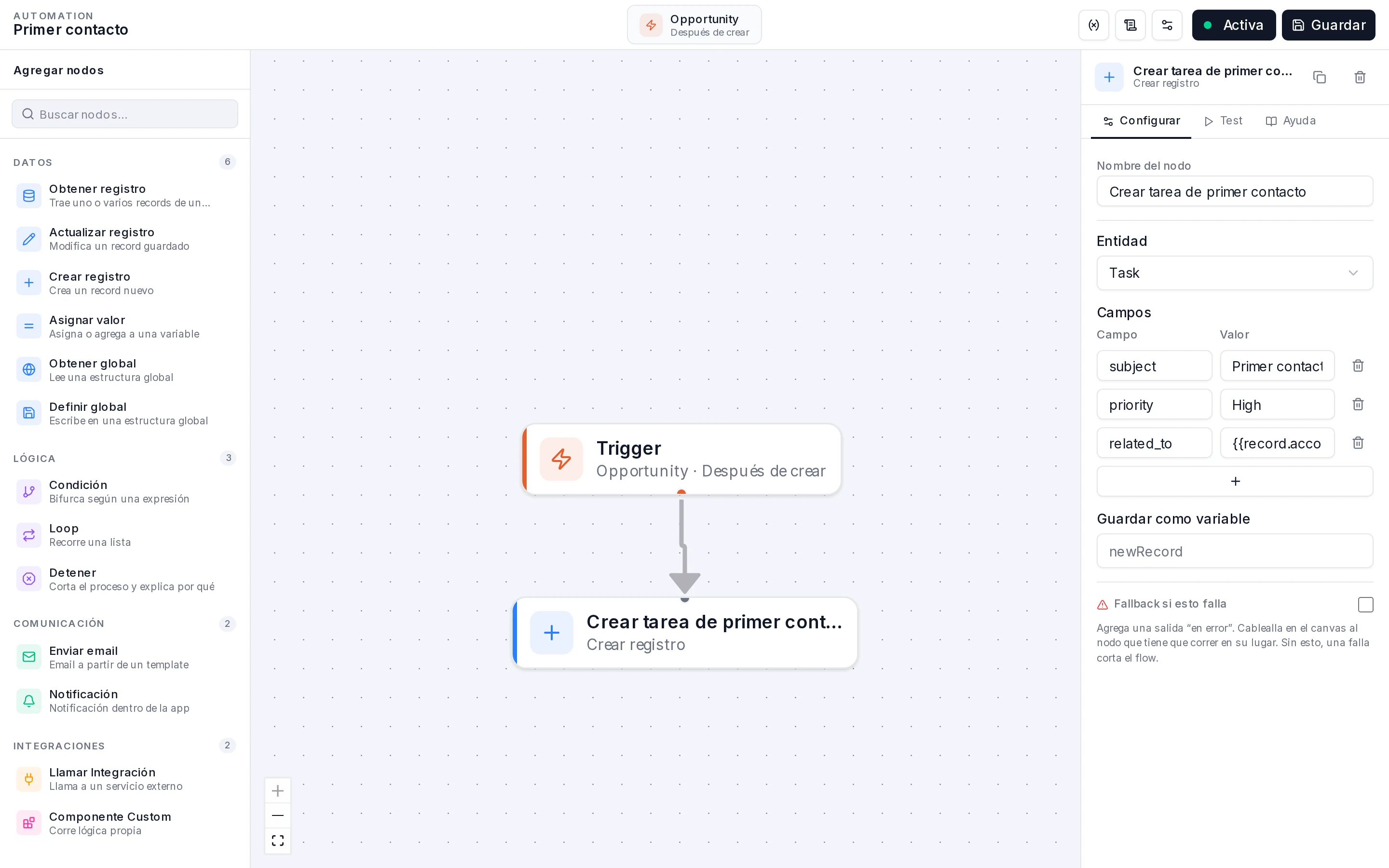 Inspector del nodo Crear tarea de primer contacto con Entidad Task y los campos subject, priority y related_to