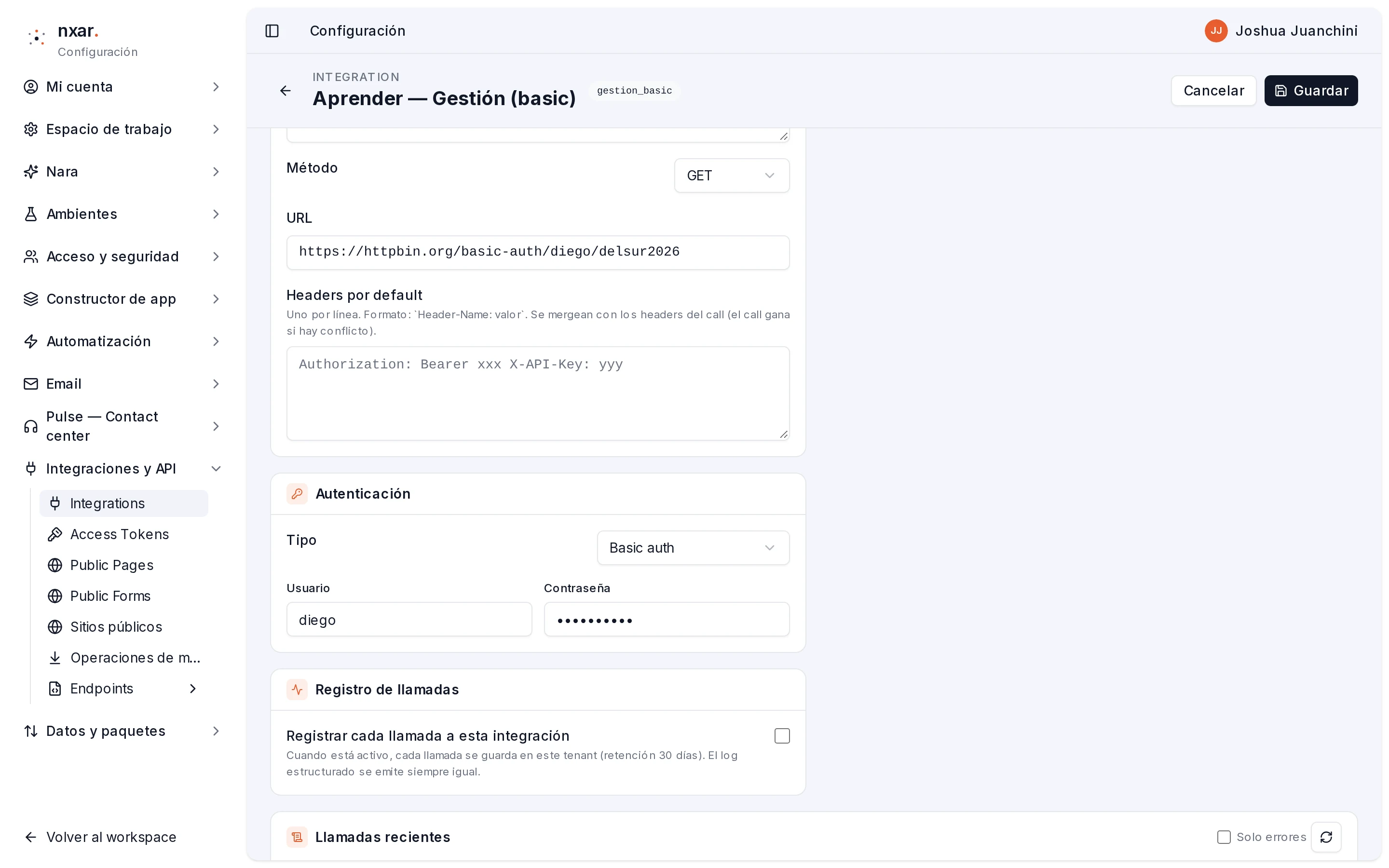 Bloque Autenticación en edición con Tipo Basic auth, Usuario diego y Contraseña enmascarada