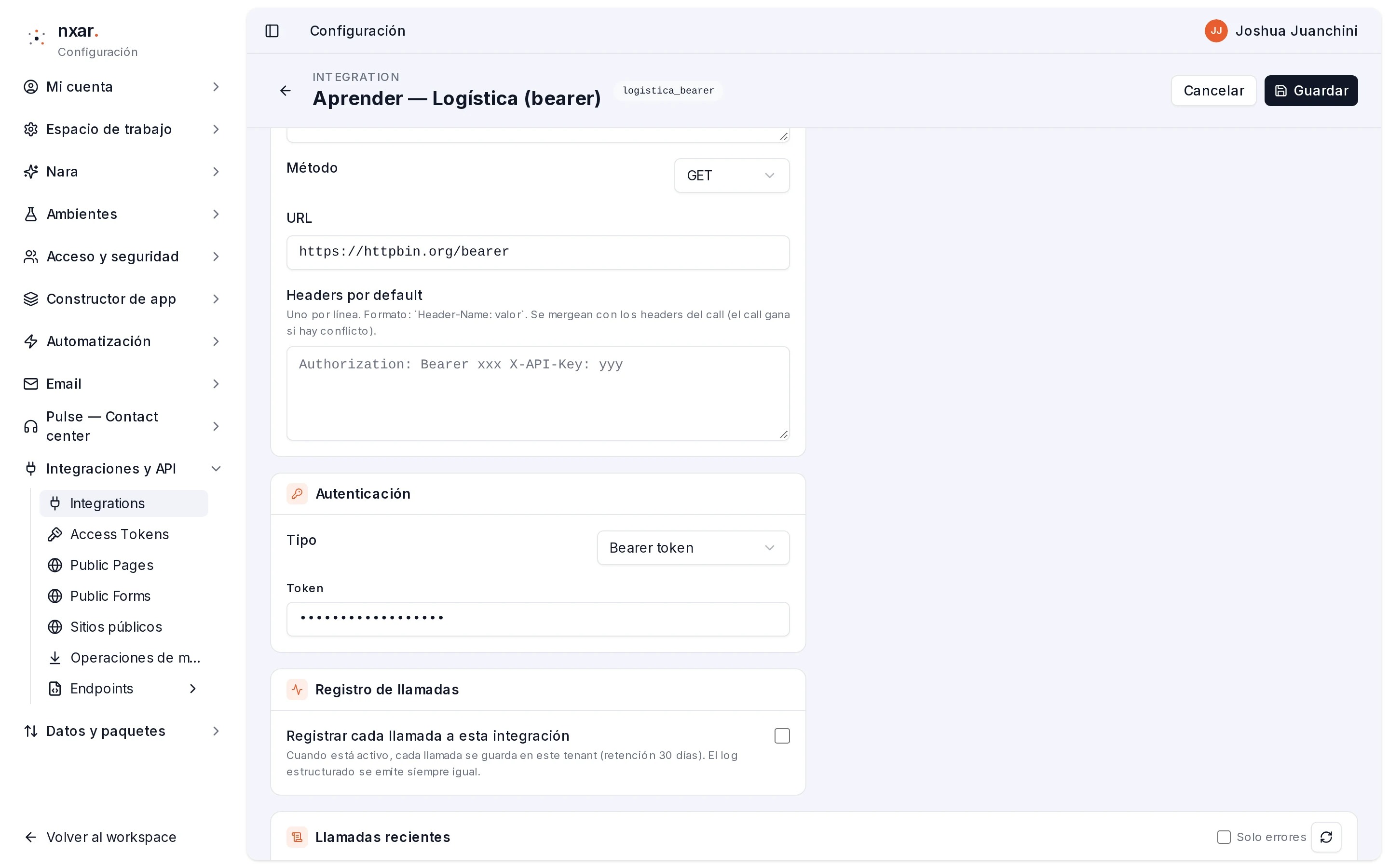 Bloque Autenticación en edición con Tipo Bearer token y el campo Token enmascarado