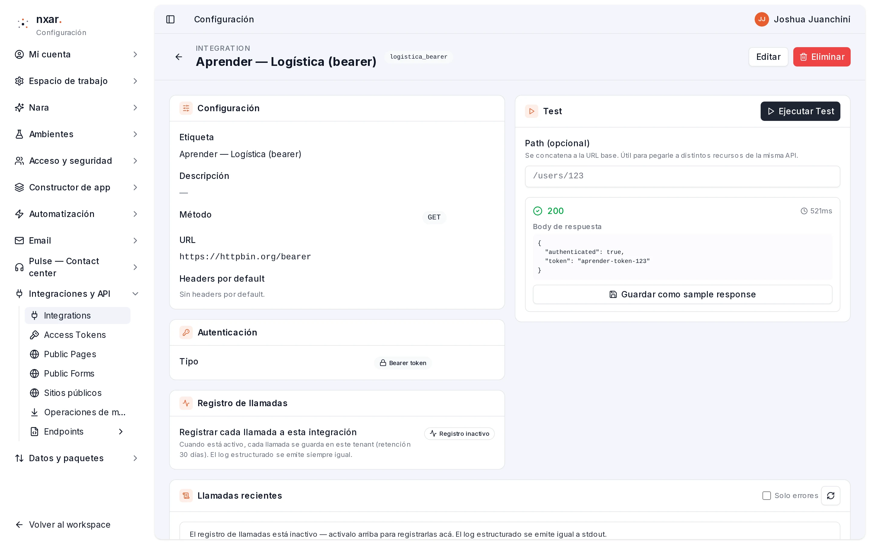 Ficha de la integración con Autenticación Bearer token y el Test en 200 mostrando authenticated true