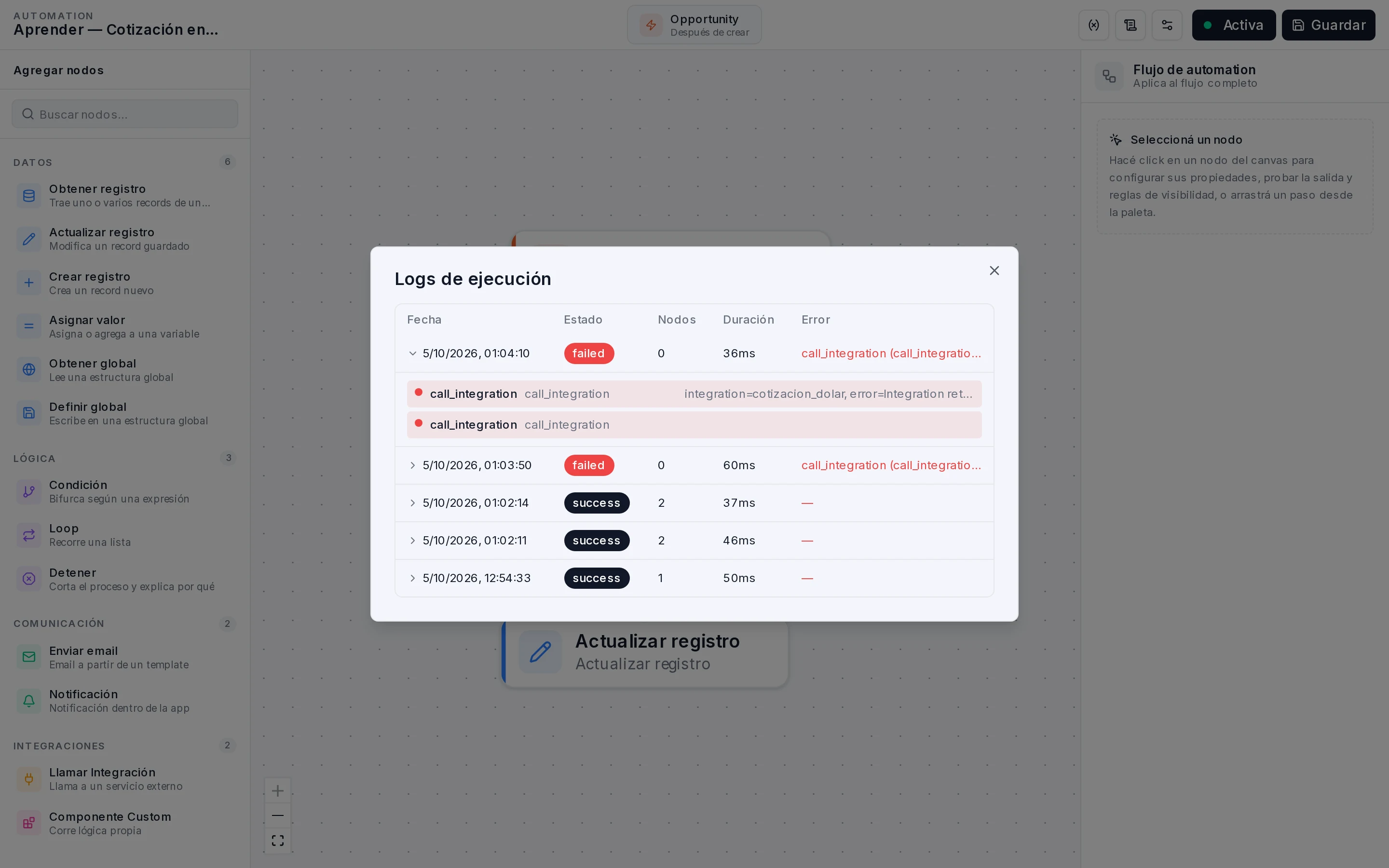 Diálogo Logs de ejecución con una corrida failed desplegada y el paso call_integration con el error de status 404