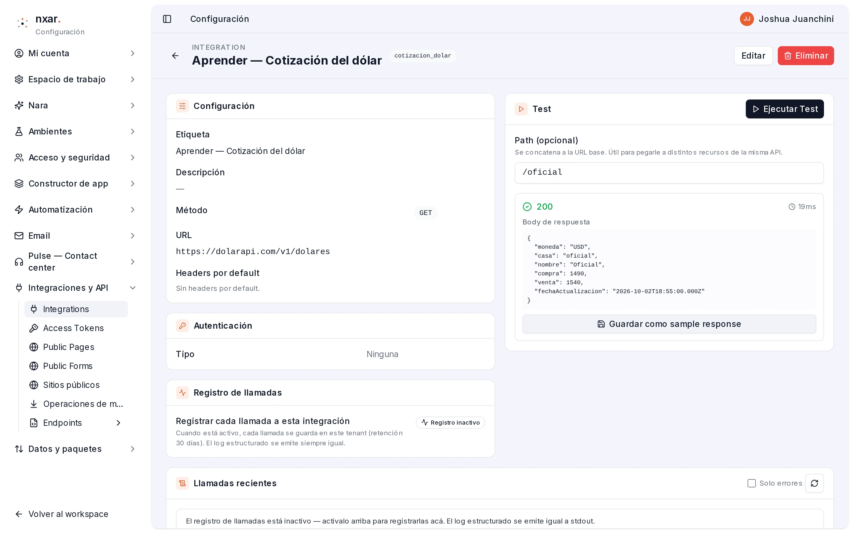 Bloque Test con Path /oficial, resultado 200 en verde y el body con moneda, casa, compra y venta