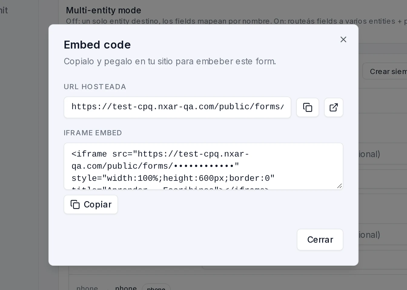 Diálogo Embed code con la URL hosteada y el código del iframe