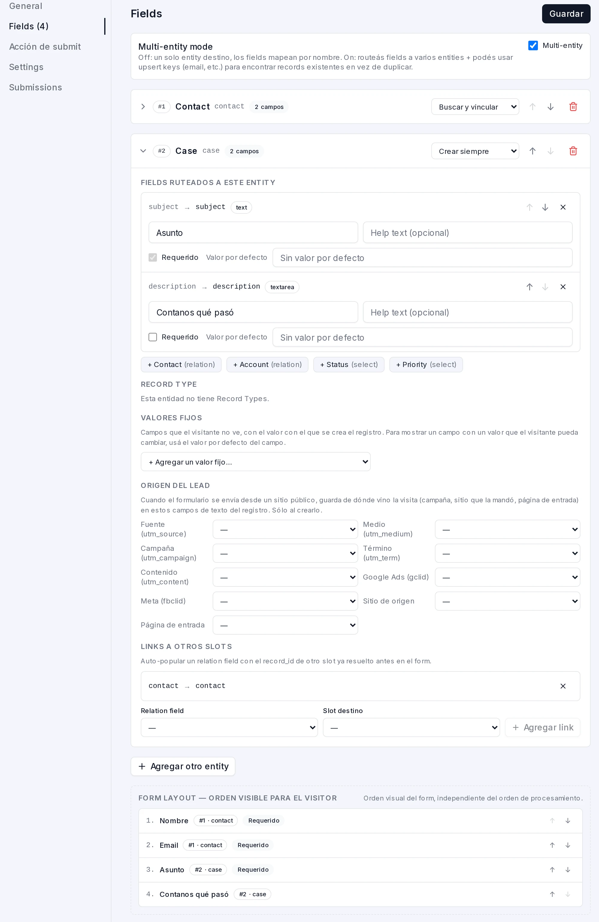 Pestaña Fields con Contact en Buscar y vincular por Email y Case con el link de contact al slot del Contact