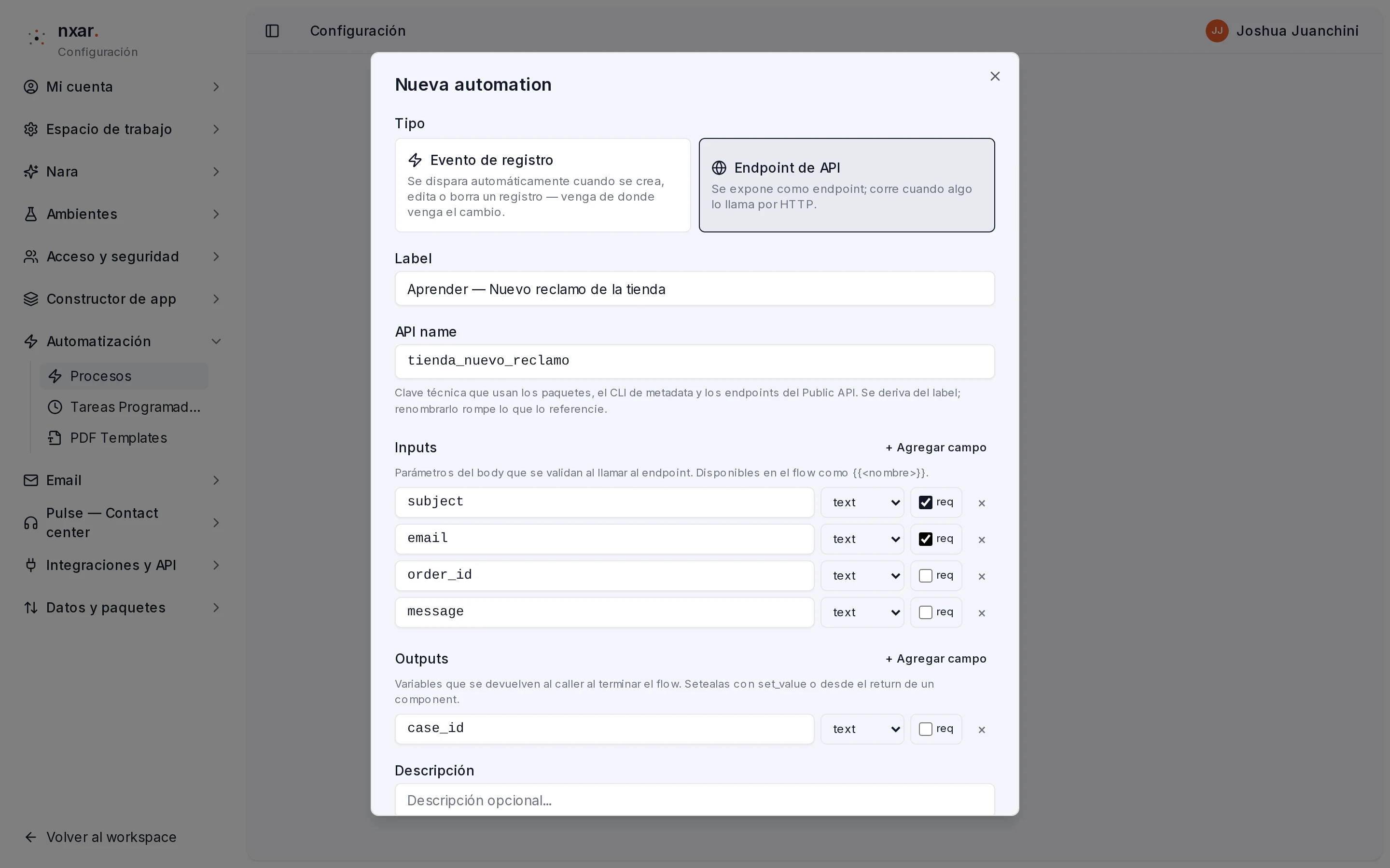 Diálogo Nueva automation con el tipo Endpoint de API y los inputs y outputs cargados