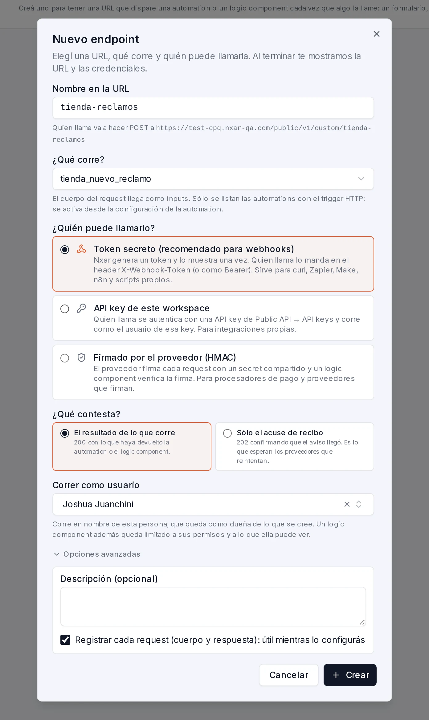 Diálogo Nuevo endpoint con el nombre tienda-reclamos, la automation elegida y Token secreto marcado
