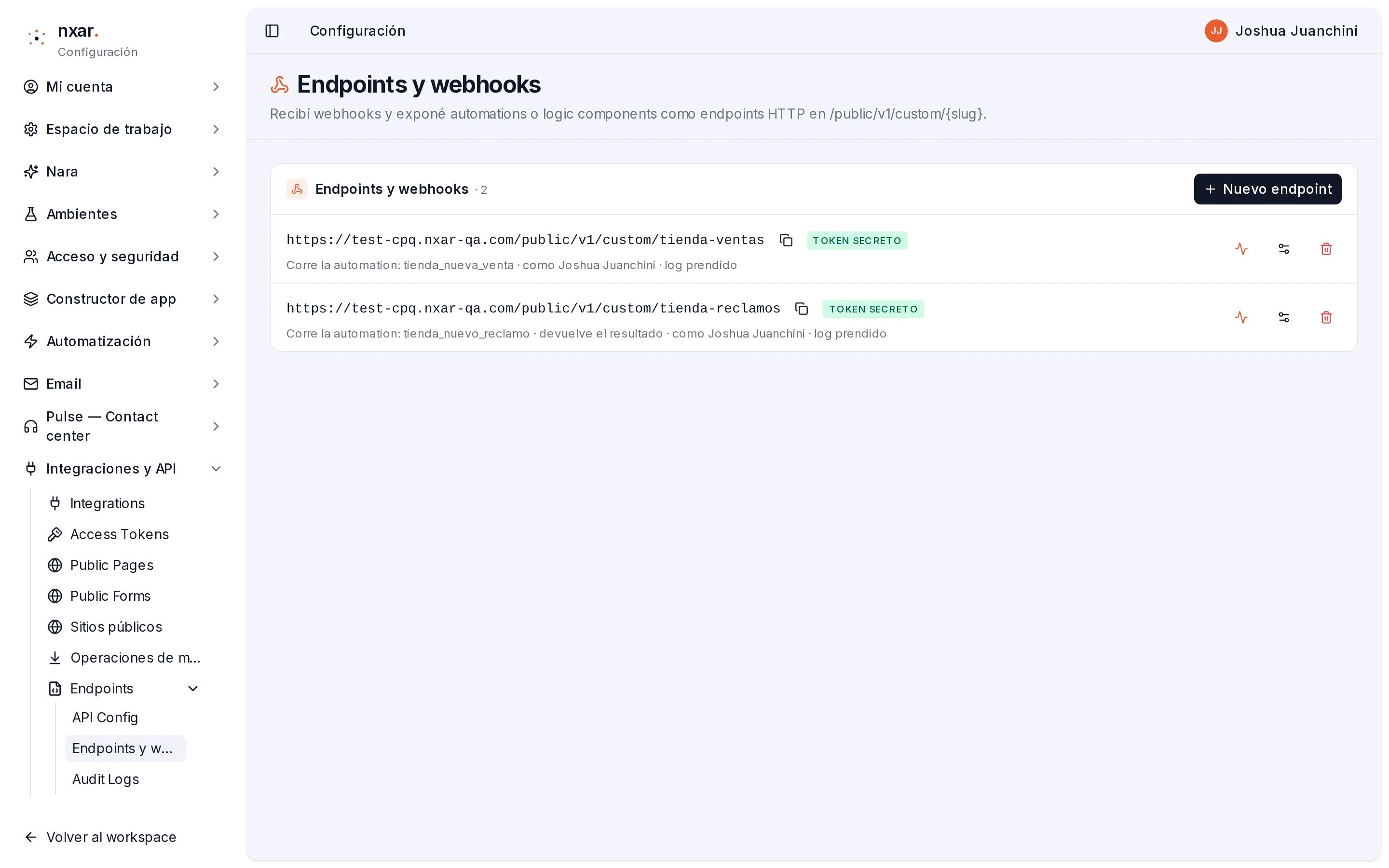 Lista de Endpoints y webhooks con tienda-ventas, Token secreto, sin devolver el resultado